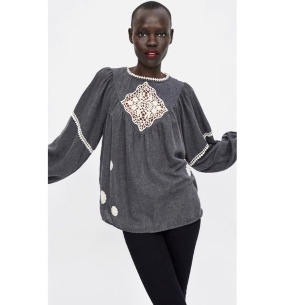 Zara Basic Women's S Gray Cotton Lace Applique Balloon Sleeve Boho Blouse